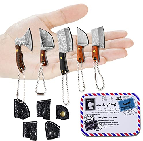 NAESM 5 Pcs Mini Knife Set, EDC Knife Set, Tiny Damascus Chef Knives Keychains, Sharp Tool Used for Decoration Buckle and Express Cutting