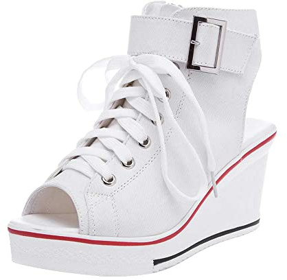 OCHENTA Women's Peep Toe Wedge Sneakers Canvas Platform Shoes Side Zipper Lace up Buckle Fashion Sneakers Walking Shoes White Label 40 - US 8.5