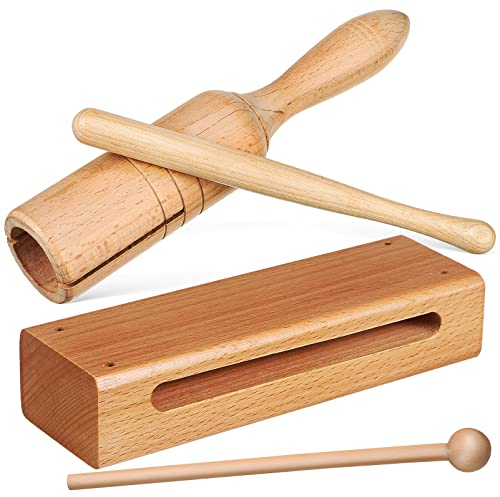 Vaguelly 2 Sätze Holz Orff Instrument Percussion Blöcke und Handtrommel mit Holzschlägeln Rhythmus Holzblock Holzinstrument Musikalisches Schlaginstrument Professioneller Rhythmus-holzblöcke