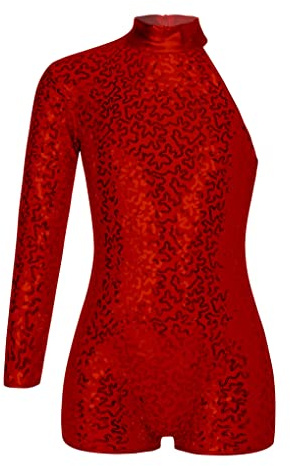 Nyeemya Mädchen Gymnastikanzug Glänzende Turnanzug Langarm Trikots Body Einteiler Jumpsuit Ein-Ärmel Kinder Tanzkostüm Rot 134-140