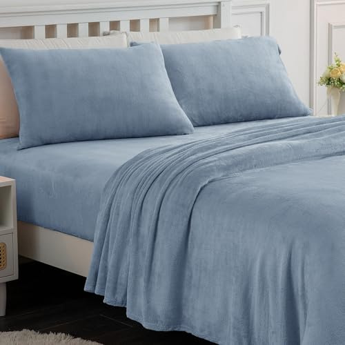 Softan Fleece Sheets Full Size, Flannel Like Soft, Fuzzy Warm Plush Sheets, Velvet Polar Microfleece Bedding for Winter, Baby Blue