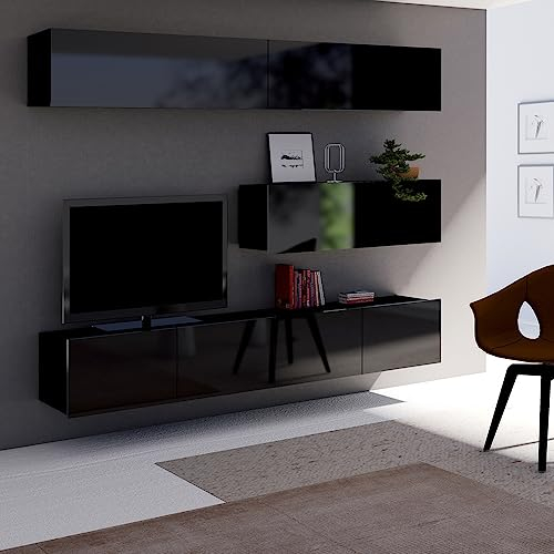 Lomadox Wohnwand Anbauwand schwarz Hochglanz 5-teilig Modern, mit 2 TV-Lowboards, 3 horizontale Hängeschränke