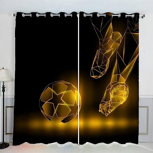 AKATIE Fußball Gardinen Kinderzimmer 3D Drucken Fenstervorhang Abstrakter Fußball Vorhänge Abdunkelnd Blickdichte Schallschutz Gardinen mit Ösen 2er-Pack (140x160 cm)