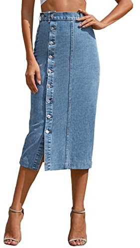 LOSSLO Jeansrock Damen Midi -Denim Rock Lang -Midirock Denim A-Linie Jean Röcke Elegant Knopfleiste Bleistiftrock Hoher Taille Vintage Pencil Skirt mit Schlitz Figurbetonter Wickelrock Freizeitrock