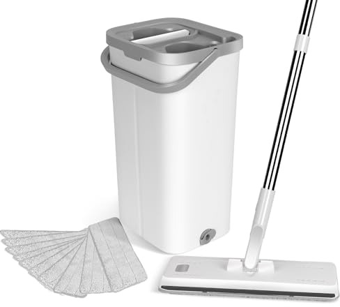 Masthome Mocio Lavapavimenti e Secchio Strizzatore, Mocio Rotante a 360° con Secchio, 5 Panni in Microfibra, Manico in Inox da 140 cm, Sistema Lavapavimenti con Secchio, Mocio per Pavimenti, Bianco