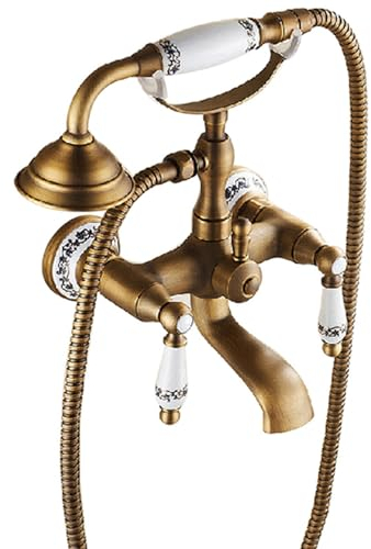 BiaoTeng Badewannenarmatur Retro Vintage Doppelgriff Wandmontage Mit 1,5 m Brauseschlauch Badewanne Armatur Retro Antike Wannenarmatur Mit Duschset