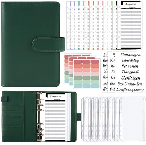 KIHONI A6 Budget Planner Deutsch Geld Organizer für Tagebuch und Geschenk | Budget Binder mit 12 Binder Taschen, 12 Budgetblätter Deutsch , Etikettenaufklebern Sparbuch für Reisen