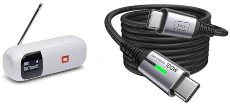 JBL Tuner 2 Radiorekorder in Weiß – Tragbarer Bluetooth Lautsprecher mit MP3 & INIU USB C Kabel