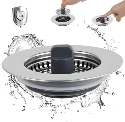 iFealClear Upgraded 3-in-1 Kitchen Drain Stopper & Metal Strainer, Stainless Steel Wrapped Shell with Stainless Steel Filter, Anti-Clogging & Odour-Blocking, Fit 75-82 mm Sink Holes, Depth > 28mm