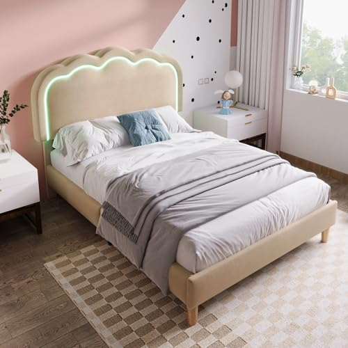 Skcess Polsterbett Led Einzelbett 90 X 190 cm, Bettgestell Mit Lattenrost Und Verstellbares Kopfteil, Gepolstertes Bett In Beige,Bettrahmen Jugendbett