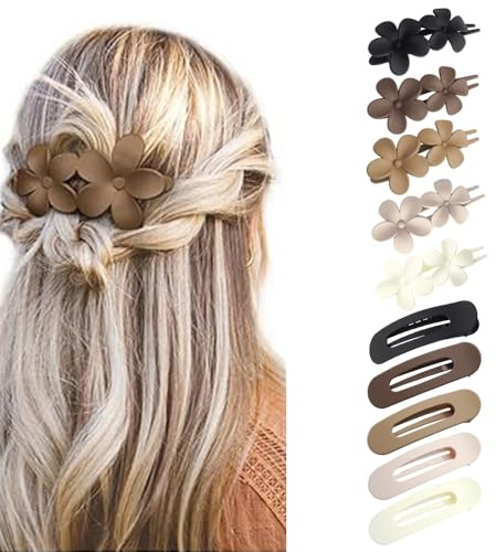 TOFBS Pince Cheveux Lot de 10 Mates Forme Fleur Antidérapantes Pince Plate Canard Épais et Fins Hair Clip Français Accessoire Femme（Couleurs neutres）