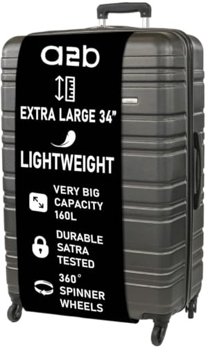 A2B 34 XL Lightweight Hard Shell Suitcase - Grey Coloured Luggage with 4 Spinner Wheels, Durable ABS Travel Cases for Holiday, Stress Tested Zippers (Grey, XL)