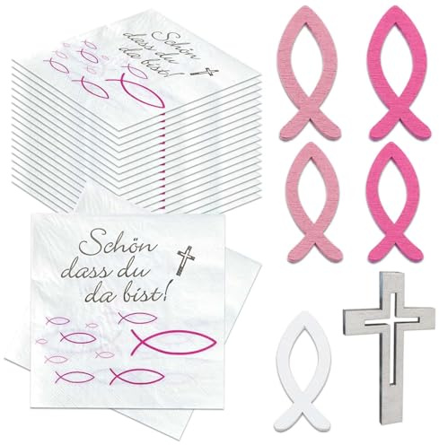 CZAYEFNH Servietten Fisch Rosa,Servietten Fisch Rosa 40 Stück Servietten Kommunion Taufe Konfirmation Deko und 60 Stücke Holz Fisch Deko,Tischdekoration und Servietten-Set für Taufe