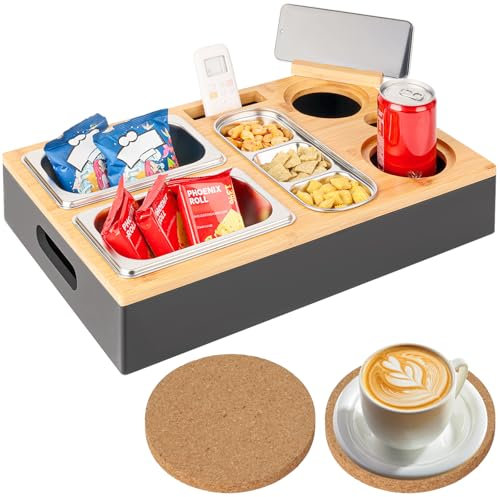 Bambus Couch Bar Snackbox mit 360° drehbarem Handyhalter – Persönlicher Look mit Abnehmbarer Edelstahl-Behälter, perfekt für Snacks und Getränke bei Filmabenden, Picknicks oder am Pool (Typ C)