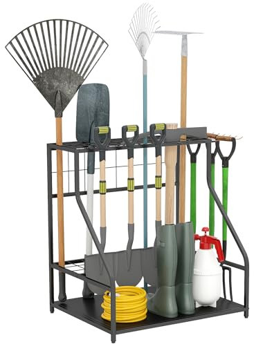 Outsunny Gartenwerkzeug-Organizer 3-stufig Gartengeräte Ständer mit Haken Gartenwerkzeugständer bis zu 20 Werkzeuge Gerätehalter Mehrzweck Besenhalter für Garage, Schuppen, Outdoor 84x53x73cm Orange