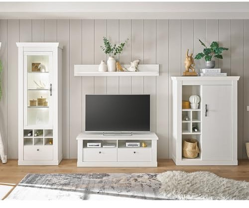 Lomadox Wohnwand Wohnmöbel Set, Pinie weiß, 4-teilig, Landhaus-Stil, Vitrine, Wandboard, Lowboard, Highboard, inkl. LED-Beleuchtung