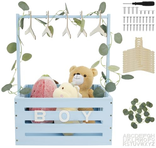 Holz Babyparty Kiste Schrank mit Griff 40x30x20CM Babypartykorb Tragbare Neugeborene Babykorb Dusche Dekorative Baby Geschenk mit Kleiderbügel für Geburtstage Babypartys Weihnachten Neue Eltern(Blau)