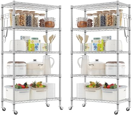 Himimi Regal mit Rollen, 2 pcs, Metallregal auf Rollen, Höhenverstellbar, Lagerregal Stehend mit 5 Regalböden und Haken, Standregal Rollregal für Küche Speisekammer Keller, 35T x 76B x 158H cm, Silber