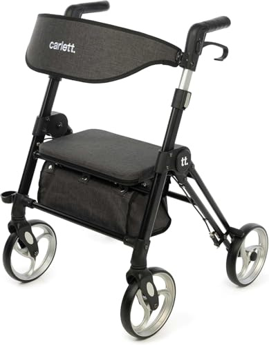 Carlett Déambulateur avec Siège et Dossier Amovibles, Produit Médical Homologué UE, Panier Supérieur et Inférieur, Grandes Roues, Double Frein, Poignée Réglable, Robuste, Lett Ride, Gris Foncé