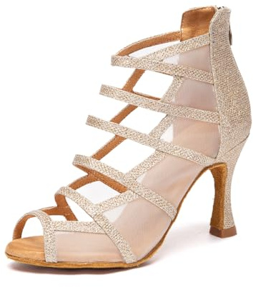 GYUBL Zapatos de Baile Latino para Mujer con Punta Abierta Suela de Ante y Malla Lateral Cierre de Cremallera en el Tobillo para Salsa y Bachata,Modèle YCL654
