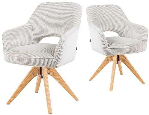DUBI Möbel Esszimmerstühle 2er Set 360° drehbar mit Taschenfederkern, hoher Sitzkomfort, bis 150 kg belastbar,abriebfester Stoff Hellgrau, Eiche Massivholzgestell im zeitlosen Design, Mika-Lena
