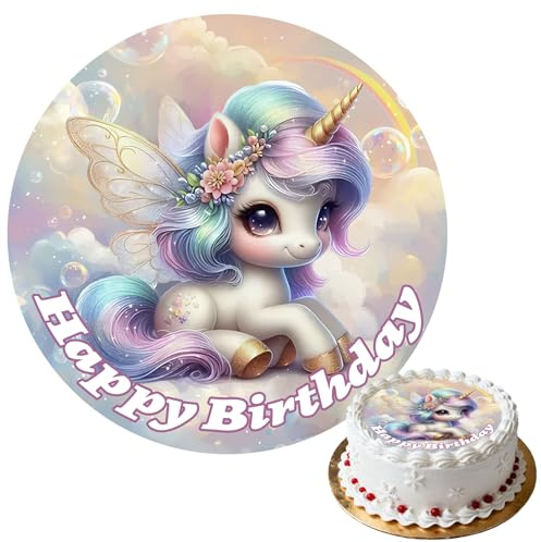 Décoration de gâteau licorne, Disque Comestible pour Décoration de Gâteau d'Anniversaire, Décoration pour anniversaire fille avec Happy Birthday, pour Enfants Fête d'anniversaire - Ø 20cm