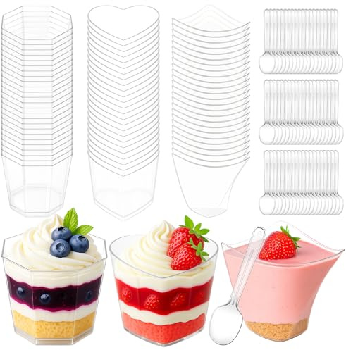 Spoyletto 75 Stück Dessertgläser Plastik, 150ml(5oz) Dessertbecher mit Löffeln- 3 Verschiedene Designs, Wiederverwendbar Desert Becher Plastik für DIY Desserts Mousse Eiscreme Pudding Party Picknick