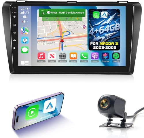 4G+64G Android Radio de Coche para Mazda 3 2003-2009 con Wireless Carplay & Android Auto, Pantalla Táctil IPS de 9 Pulgadas con GPS, WiFi, 32EQ, Bluetooth 5.0, Radio FM/RDS