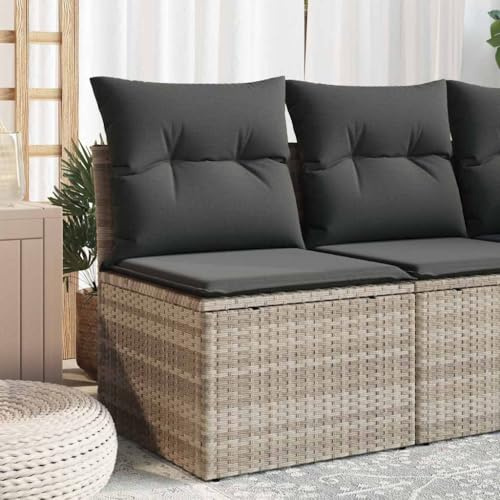 Runheo Gartensessel ohne Armlehnen, Hellgrau Poly Rattan, mit Kissen, Stauraum, UV-beständig, 110 kg Belastbarkeit, für Terrasse, Balkon, Garten