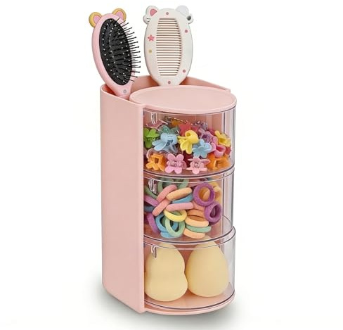 Ceriselle Make Up Organizer, Skincare Organizer mit Haargummi Aufbewahrung, Drehbarer Kosmetik Organizer für Schmuck, Make Up und Haaraccessoires (Pink, 3-Layer)