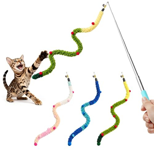 Potaroma Katzenspielzeug Angel 3er Set, Interaktives Spielzeug für Katzen und Kitten, Weiche Plüsch Spielstab mit Glöckchen & Pompons, Katzenangel Indoor, Jagd- und Chase-Spielzeug