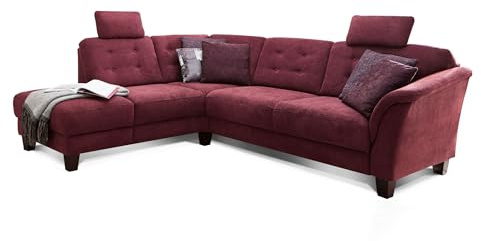 Cavadore Ecksofa Trond mit Ottomane links / Federkern-Sofa im Landhausstil mit 2 Kopfstützen und Vorziehsitz mit Bettkasten / 260 x 89 x 214 / Webstoff rot