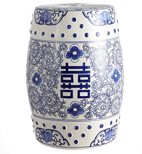 JONATHAN Y TBL1013A Double Happiness 18 Chinoiserie Ceramic Drum Indoor/Outdoor Garden Stool Bohemian, Coastal, Classic, Cottage, French Country, Traditional, Bathroom, Garden Room, Patio, Blue/White