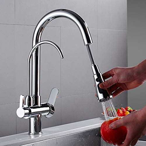 Fetcoi Rubinetto Da Cucina Con Doccetta Estraibile, 3 In 1, Per Filtro Dell'Acqua, A 3 Vie, Con 2 Leve