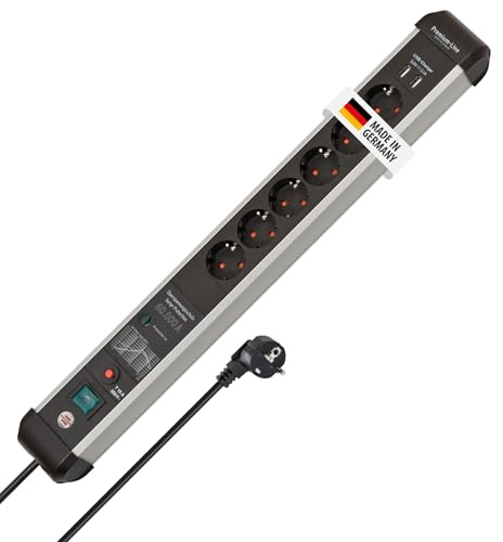 Brennenstuhl Premium-Protect-Line 6-vägs grenuttag med USB och överspänningsskydd (3m kabel, 2-vägs USB 3.10A, med strömbrytare) silver/svart