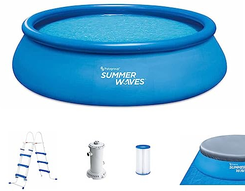 Summer Waves Quick Up Pool Komplettset | Rund 457x107 cm Blau | Aufstellpool Set | Gartenpool & Schwimmbecken inkl. Filterpumpe, Bodenvlies, Abdeckplane & Einstiegsleiter (457x457x107 cm)