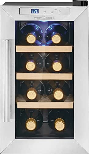 Frigorifero per vino ProfiCook® per 8 bottiglie, con porta in vetro resistente ai raggi UV, frigorifero per vino con illuminazione a LED e 4 livelli di conservazione, 11-18°C, 23 litri - PC-WK 1233