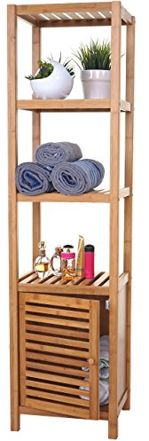 Mendler Badregal HWC-B18AM, Standregal mit Tür, Bambus - 140x36x34cm | Badezimmer, Badschrank