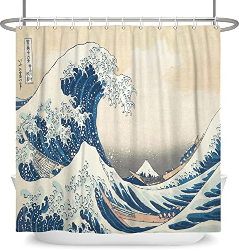 SDOTPMT 105 x 160 cm Rideau de douche abstrait en forme de vague en bois pour salle de bain Ukiyo-e Thème Fuji Montagne avec crochets 105 x 160 cm