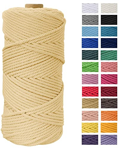 Macrame Cord 4mm x 109 Yards, JeogYong Thick Natural Cotton Yarn Thread, 4-Strand Twisted Spool Twine String Rope for DIY Crafts, Wall Hangings, Plant Hangers, Decorations (Light Yellow), (a220-FT)