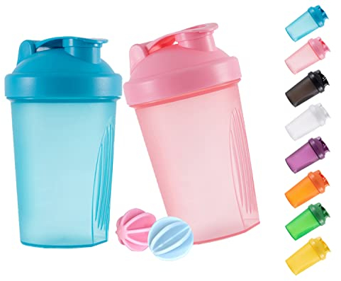 GAISHION Protein Shaker Flasche 400 ml Auslaufsicher, BPA Frei, Eiweiß Shaker für Supplement Shakes mit Sieb & Skala, Fitness Mixer für cremige Whey Proteinpulver Shakes, (Blau+Rosa(2PCS)