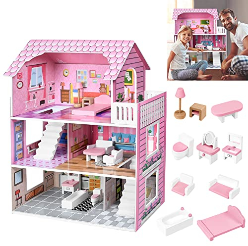 TRMLBE Puppenhaus Holz Große Puppenvilla 3 Etagen mit Möbeln und Zubehör DIY Dollhouse Puppen Spielzeug Mädchen Spielset Puppenstube ab 3 Jahren - 60x24x70cm