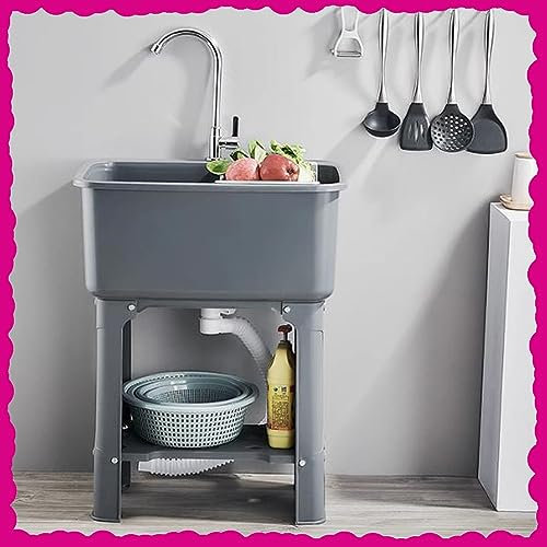 HCZION Schwarze Küchenspüle Einzelschüssel Waschbecken Für Außenbereich Innen, Restaurant Küche Spülbecken Mit Wasserhahn Für Terrasse Garage Bauernhaus (Color : Grey, Size : 40x60cm/15.7x23.6in)