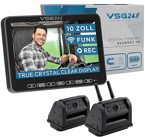 VSG24 Element HD XL Funk Rückfahrkamera Set – 10 Zoll HD Monitor – wetterfeste IP68 2 Akku-Magnetkameras – Splitscreen – 140° Weitwinkel – für Wohnmobil, Pferdeanhänger & Transporter