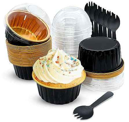 OYEL Mini Aluminum Foil Cupcake Baking Cups with Lids (30pcs, 5oz) Round Cupcake Foil Liners Tart Pie Tin Pan Holder - Disposable Mini Cake Containers Flan Molds for Pudding, Souffle, Party, Wedding