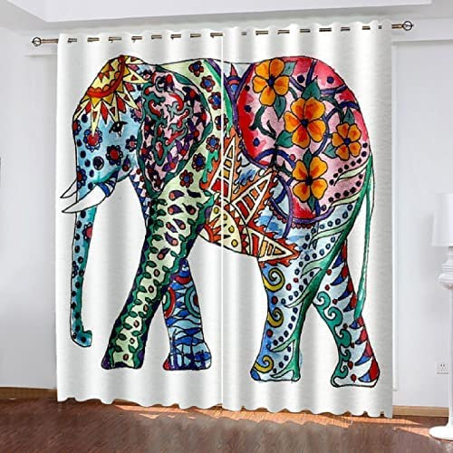 Vorhang Blickdicht Wohnzimmer - Gardinen Blickdicht 3D Aquarell Elefant Vorhänge Thermo Schlafzimmer Dekoschals Gardine Blickdichter Ösenvorhang, 2Er Set 140 (B) X 160 (H) cm - Kinder Vorhänge