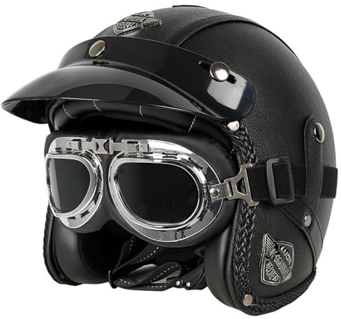 Leder Jethelm Retro Helm mit Brille Leder-Jethelm 3/4-Motorrad-Halbschutzhelm für Erwachsene Abnehmbare Krempe ECE-Zulassung Sturzhelme für Männer und Frauen Moped Roller N,M