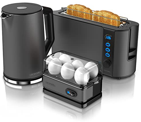 Arendo Ensembles Bouilloire et grille-pain et cuiseur à oeufs Bouilloire en inox 1,5L 40°-100°C, Toaster 2 Tranches Ecran LED 6 niveaux de brunissage Cuiseur à oeufs 1-6 oeufs, Verre doseur