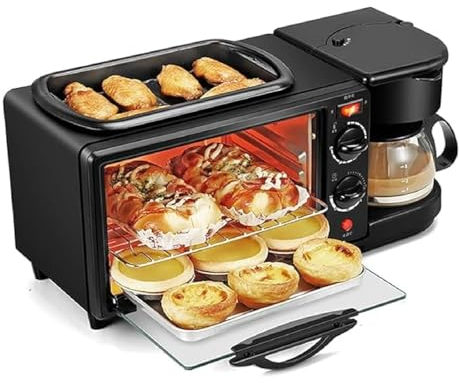 Estación de Desayuno 3 en 1, Horno Portátil para Hacer Desayuno con Cafetera, Planchas Dobles Antiadherentes para Huevos, Carne, Salchicha, Tocino, Panqueques Y Sándwiches de Desayuno, Horno Tostador