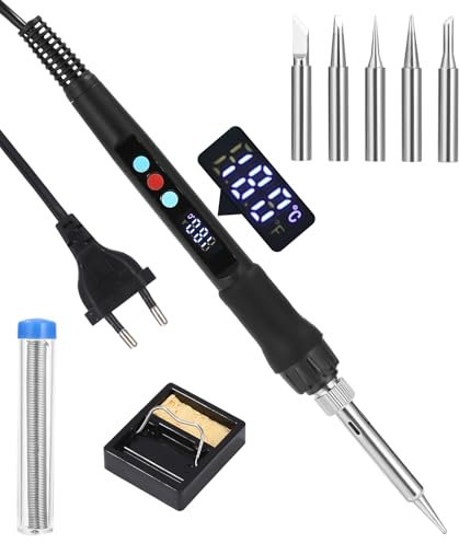Yulado Lötkolben Set,100W LED Lötkolben mit Einstellbare und Verriegelte Temperaturen 180℃-500℃,mit ON/OFF,Lötkolbenständer,10g Lötdraht,5 Lötspitzen, Lötset für Elektrische Arbeiten und Hausgebrauch